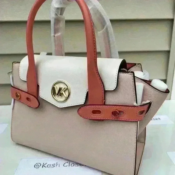 Michael Kors Carmen Medium Satchel Purse Color Block Belted Saffiano Leather - Picture 3 of 10